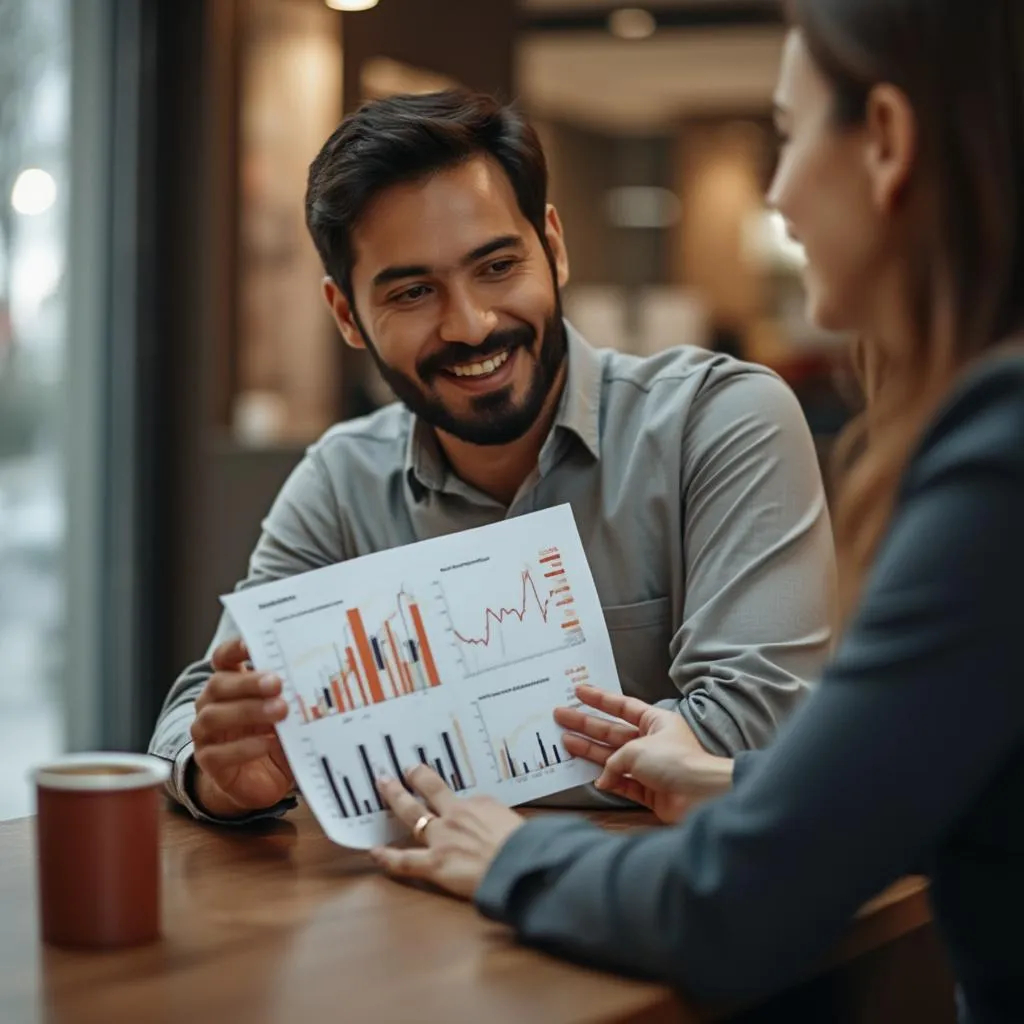 Consultor financiero presentando análisis a cliente